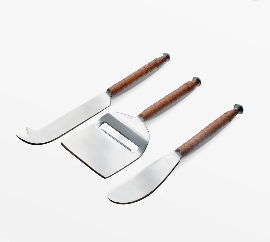 Hand Forged Stainless Steel and Leather Cheese Knives (set of 3)