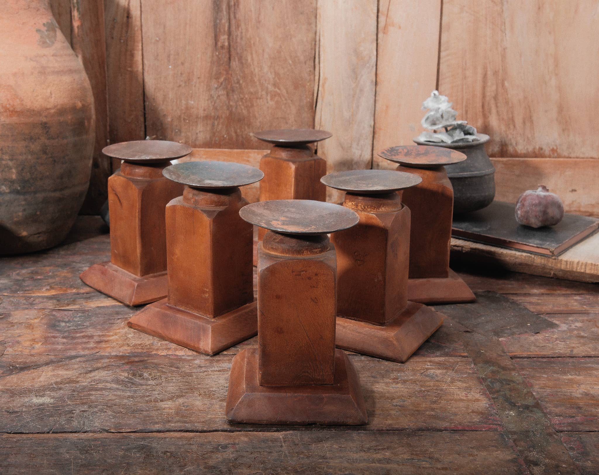 Rustic Wood Candle Holder with iron drip cup