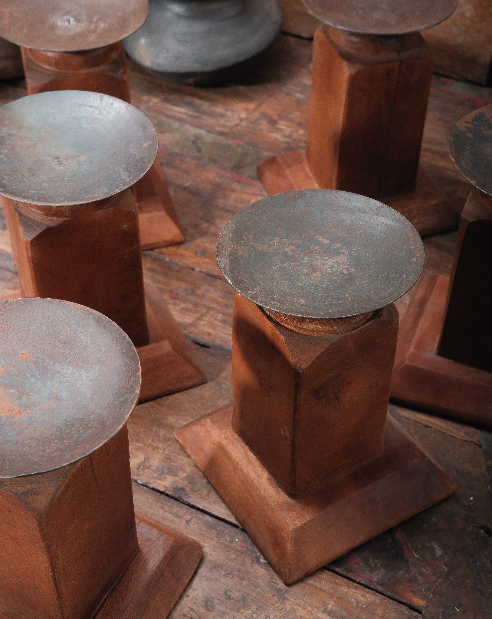 Rustic Wood Candle Holder with iron drip cup