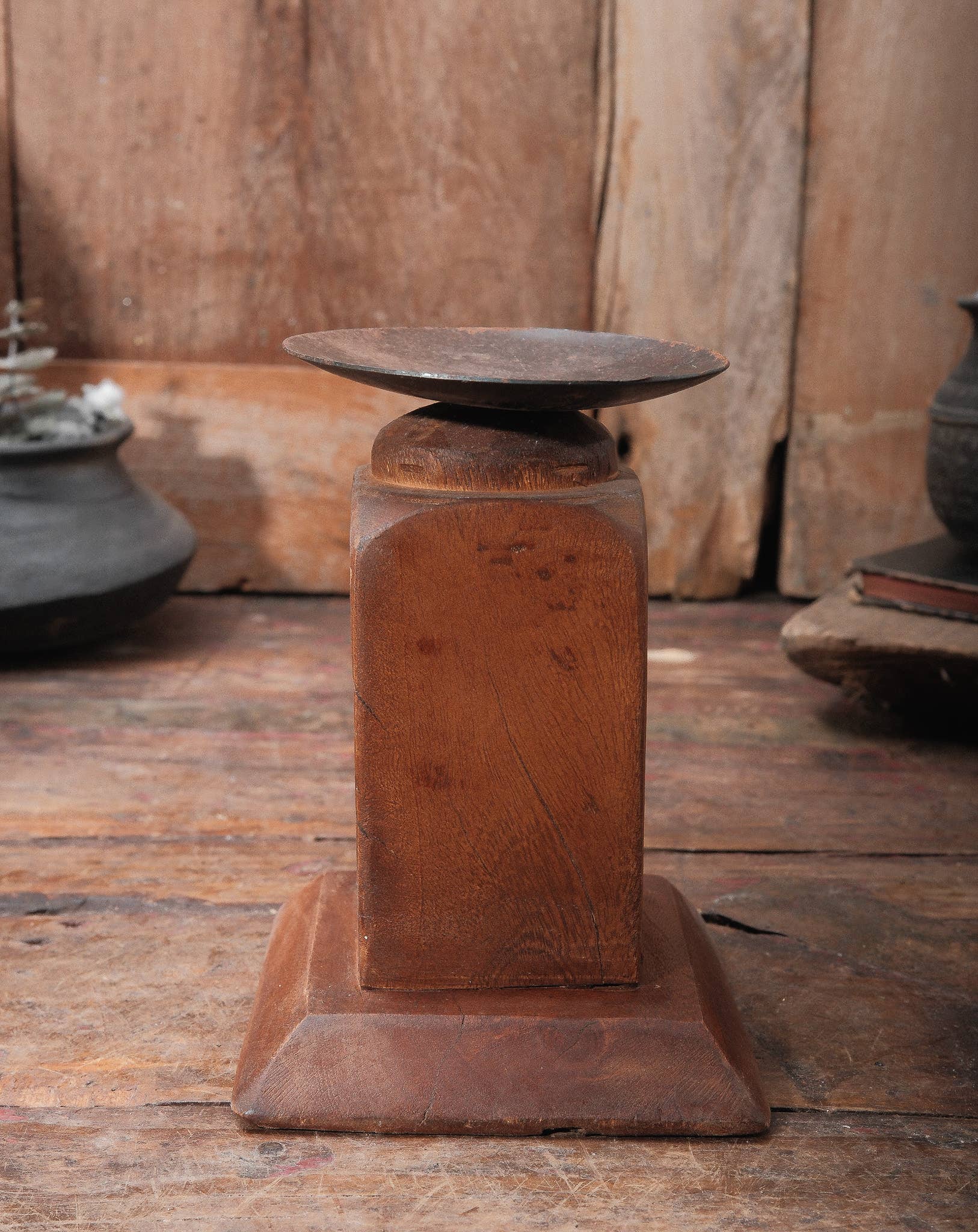 Rustic Wood Candle Holder with iron drip cup