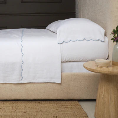 KELLY LINEN SHEET SET - White/French Blue