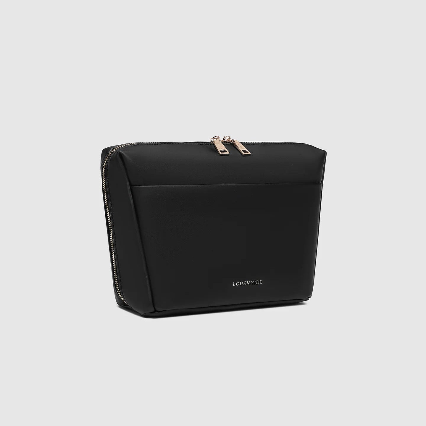 Black pouch with gold zipper on a light gray background