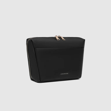 Black pouch with gold zipper on a light gray background