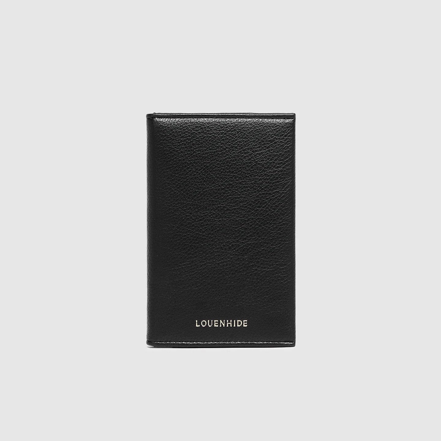 Black leather wallet with 'LOVENHIDE' branding on a light gray background