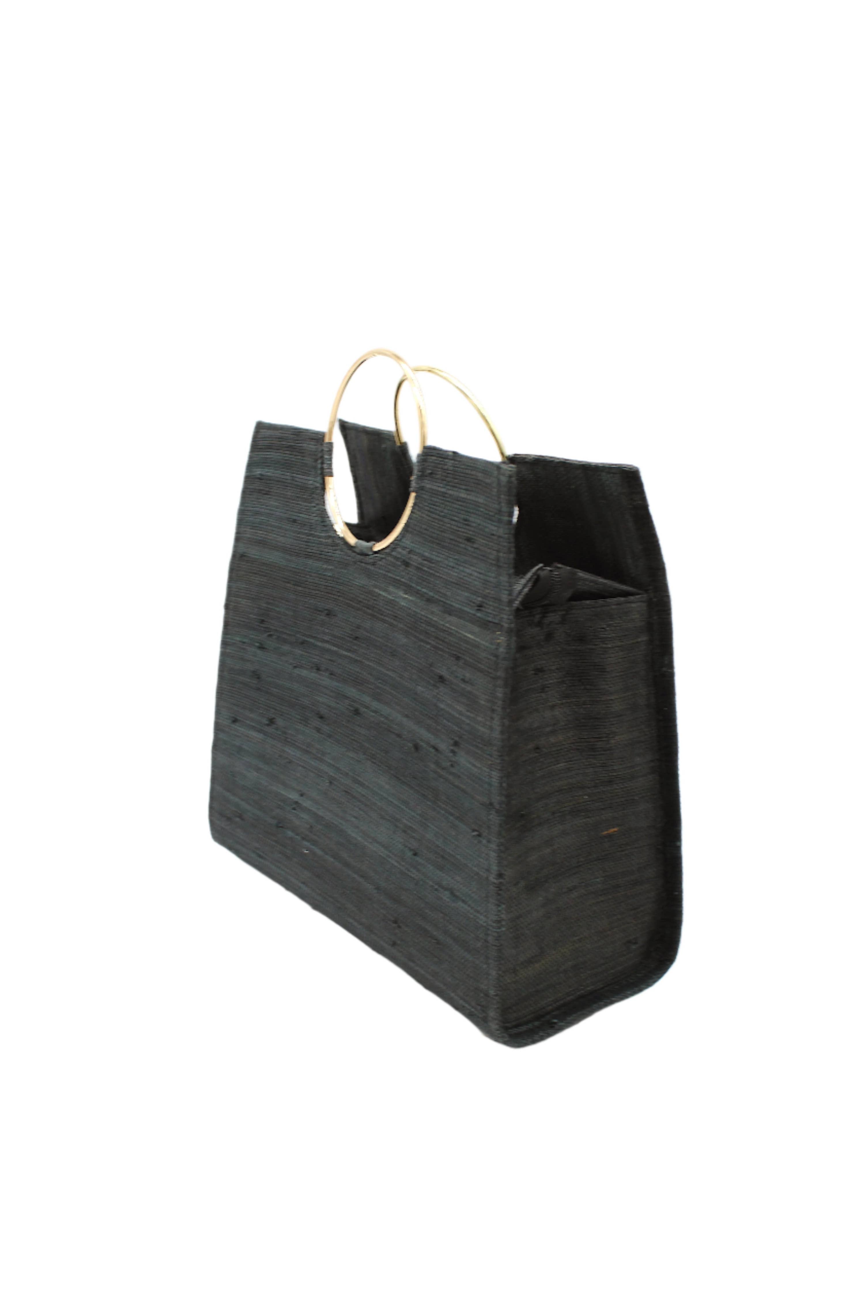 JoJo Woven Straw Handbag with Metal Ring Handles
