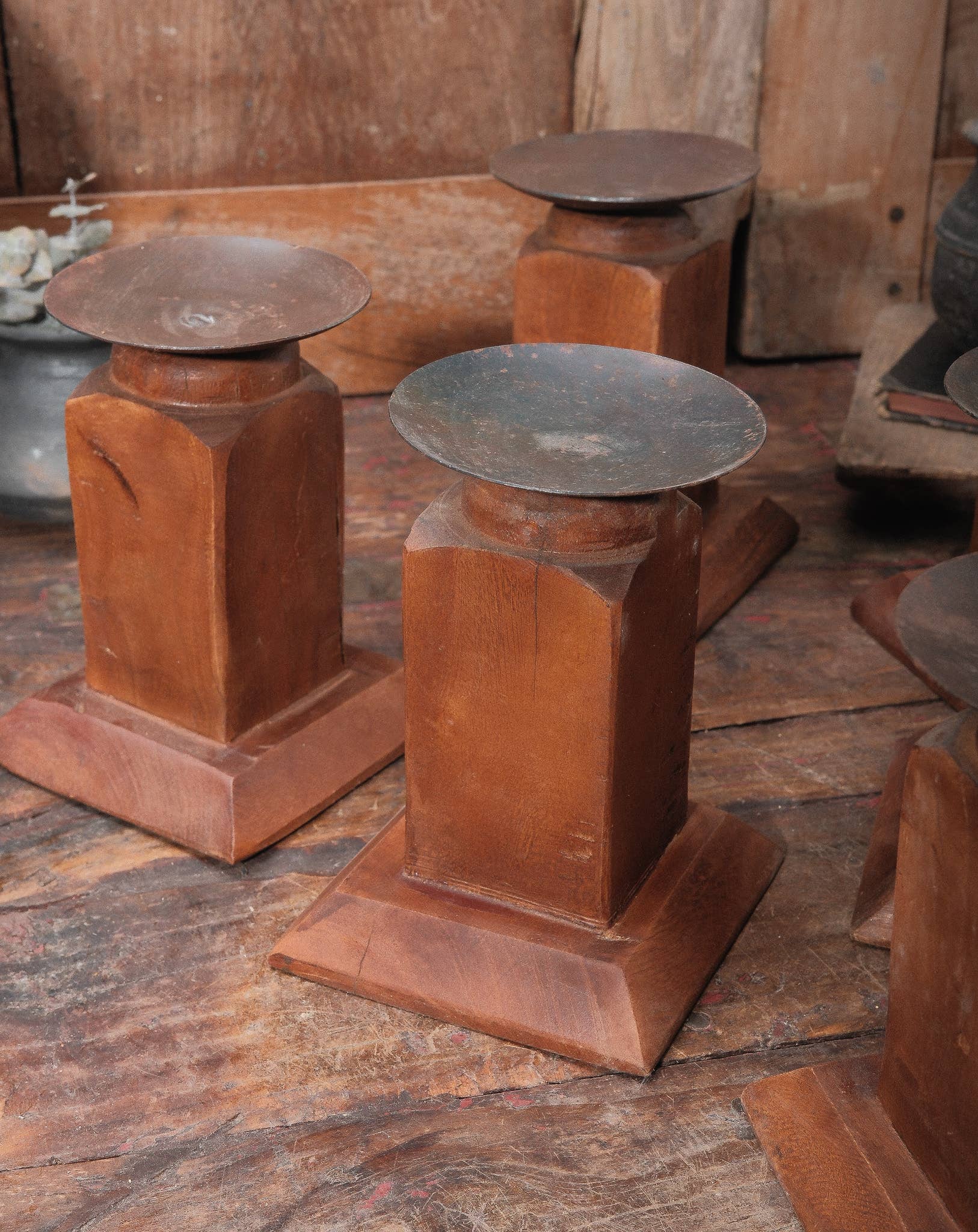 Rustic Wood Candle Holder with iron drip cup