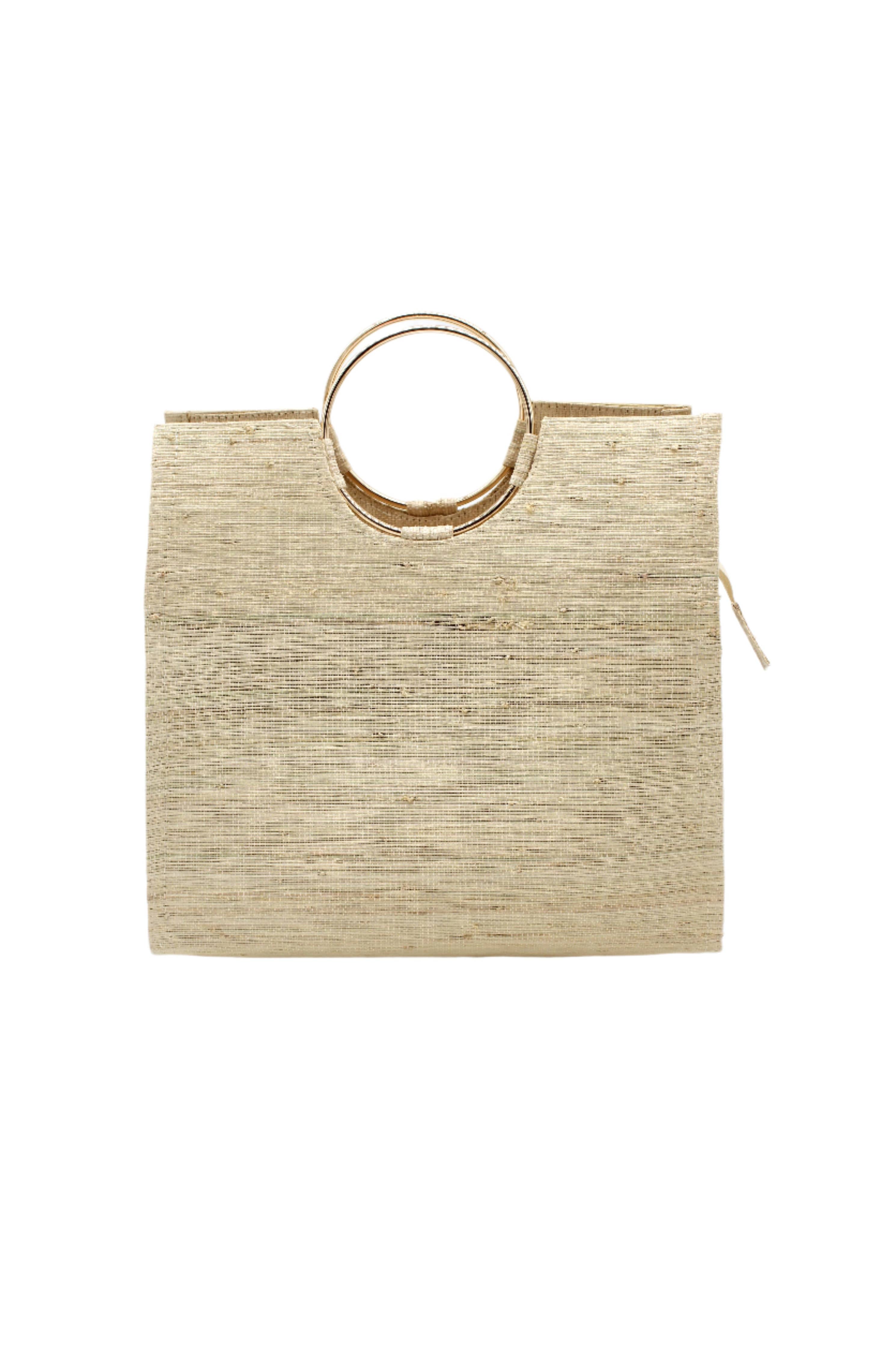 JoJo Woven Straw Handbag with Metal Ring Handles