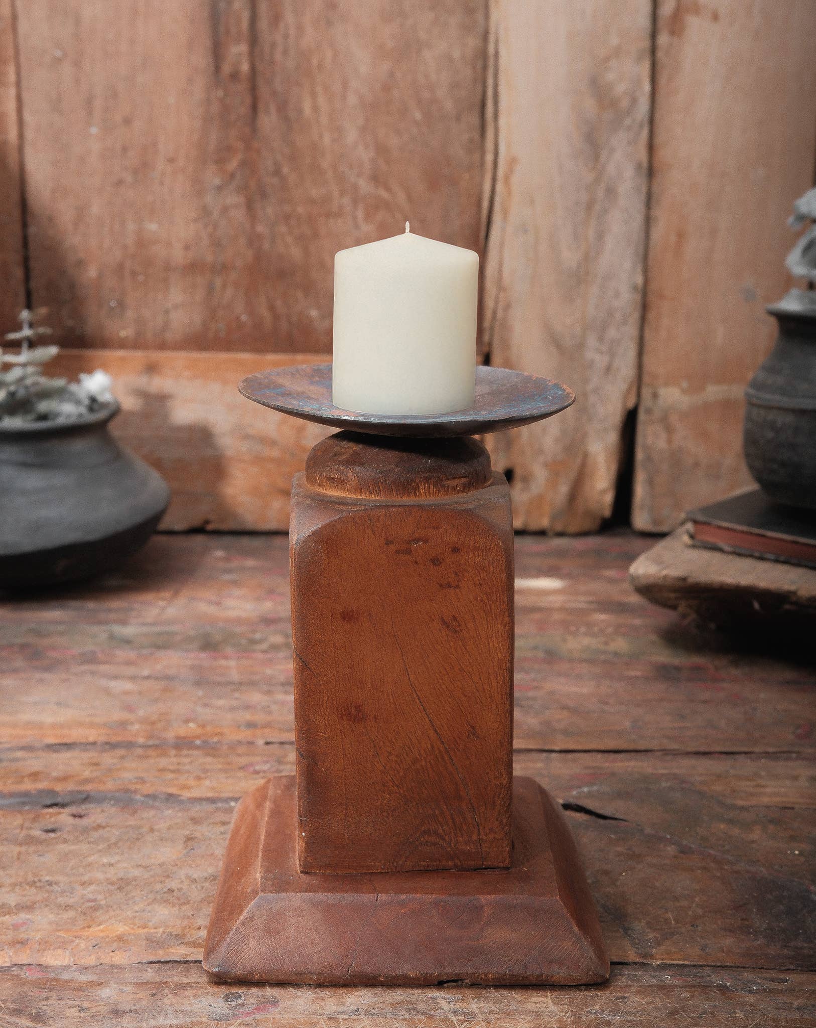 Rustic Wood Candle Holder with iron drip cup