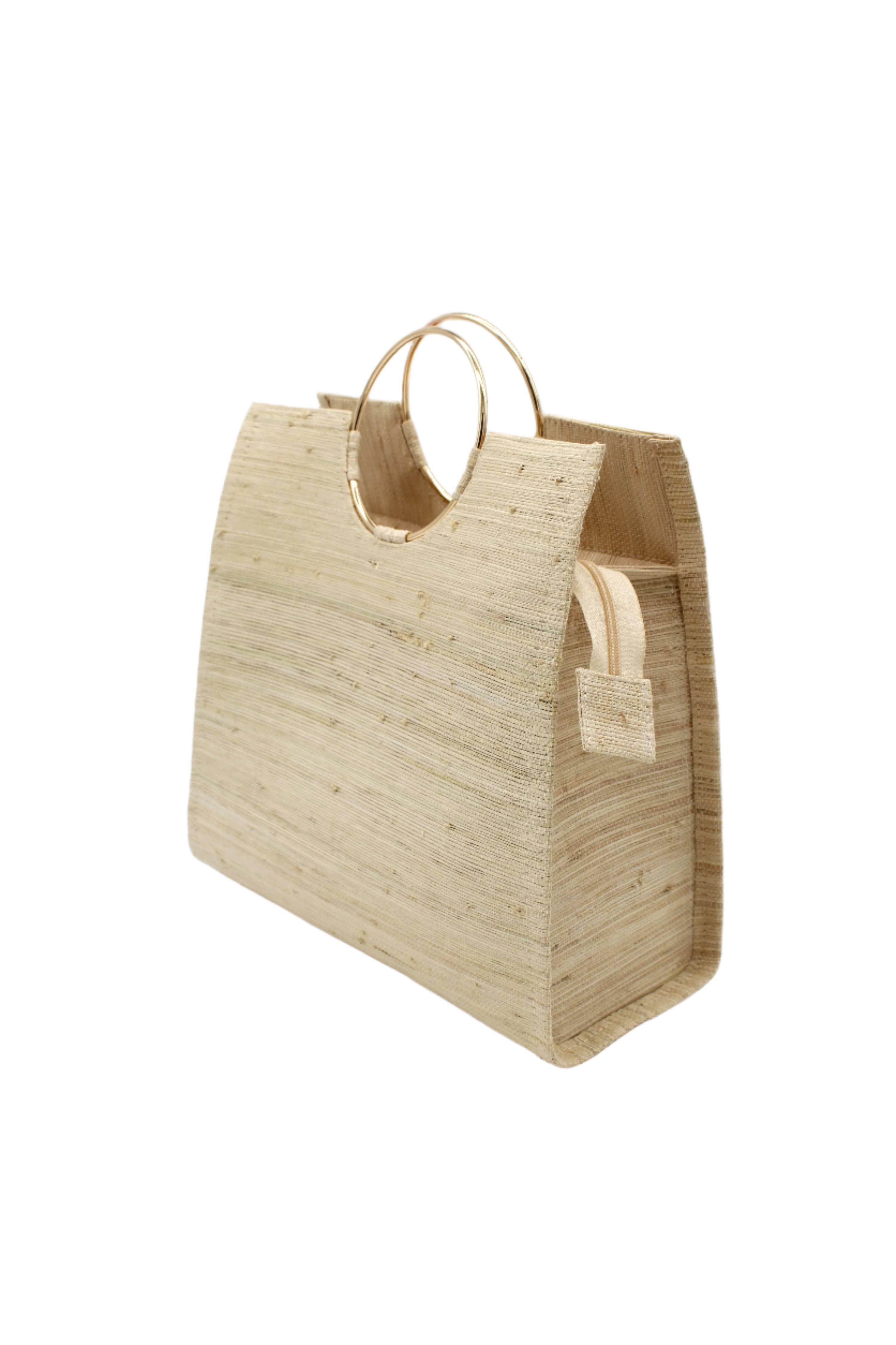 JoJo Woven Straw Handbag with Metal Ring Handles