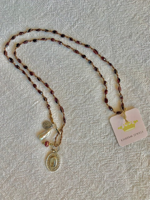 Khayam Jewels Garnets Hand Woven in Silk Thread with St. Bernadette/Mary at Lourdes