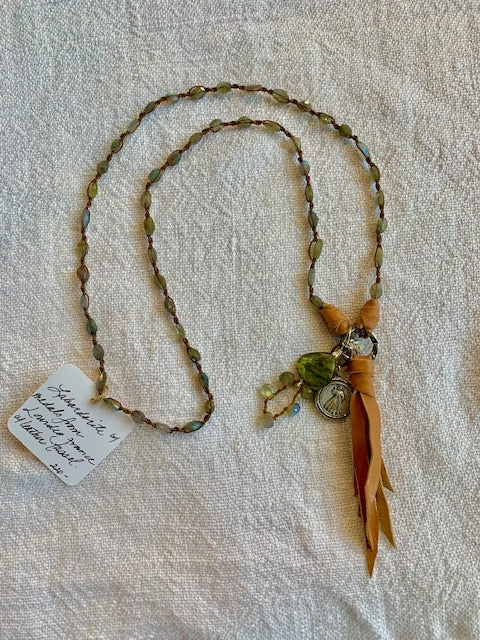 Khayam Jewels Labradorite with Metals from Lourdes France with Leather Tassel